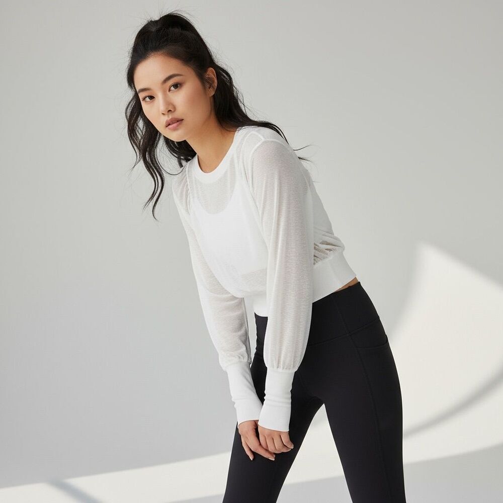 FP Movement White Sheer Puff Sleeve Long Sleeve Top Gorpcore scandi girl S